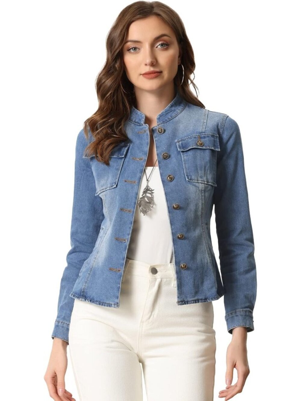 Women's Blue Classic Stand Collar Long Sleeve Denim Jackets Flap Chest Pockets